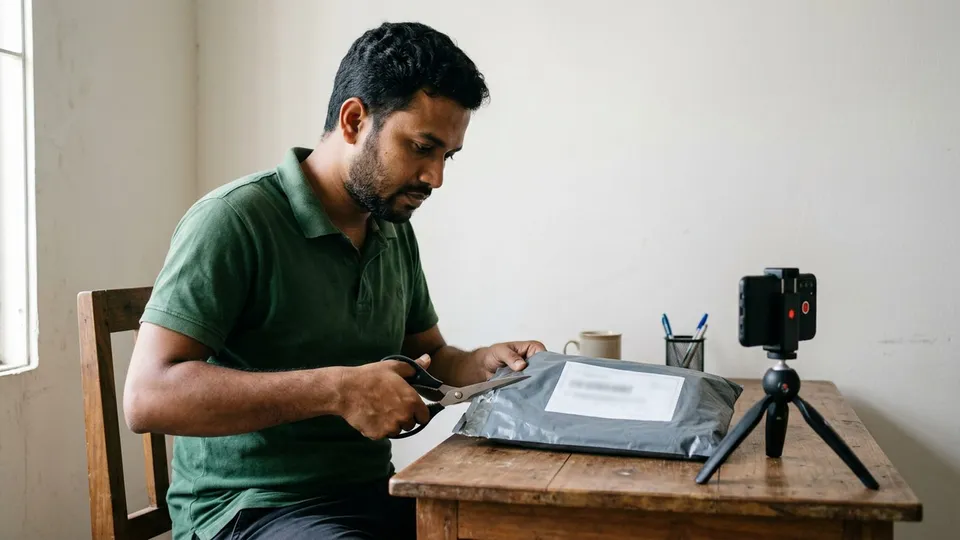 একজন লোক টেবিলে মোবাইল দাঁড় করিয়ে ভিডিও চালু রেখে ফেরত আসা একটা পার্সেল কাঁচি দিয়ে খুলছেন, পার্সেলের লেবেল ক্যামেরার দিকে ফেরানো