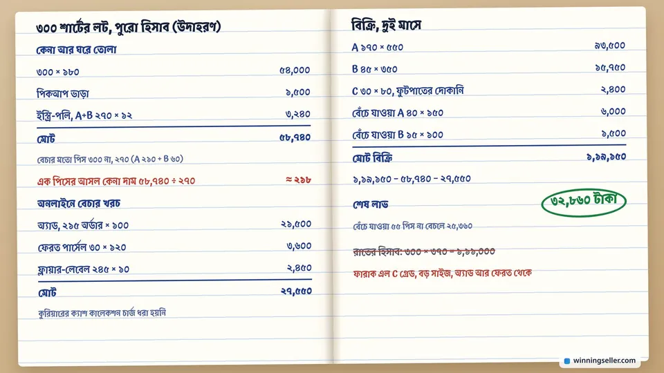 একটা খাতার পাতায় হাতে লেখা হিসাব, বাঁ দিকে কেনা, পিকআপ ভাড়া আর ইস্ত্রি-পলিব্যাগের খরচ, ডান দিকে A, B, C গ্রেড আর বেঁচে যাওয়া পিসের বিক্রি, নিচে অ্যাড আর ফেরতের খরচ বাদ দিয়ে শেষ লাভ গোল করে দাগানো