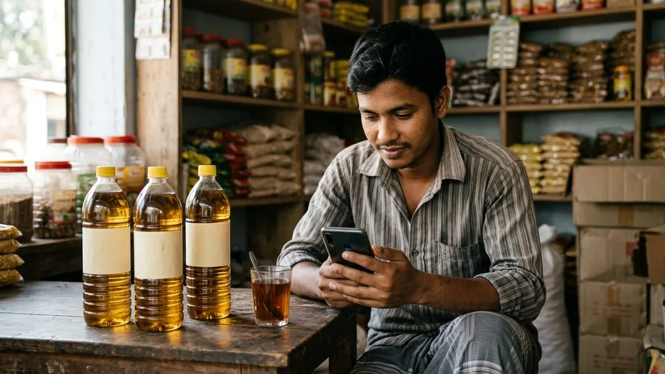একজন তরুণ সেলার দোকানের টেবিলে বসে মোবাইলে গুগলে খুঁজছেন, সামনে সরিষার তেলের তিনটা বোতল আর এক গ্লাস চা