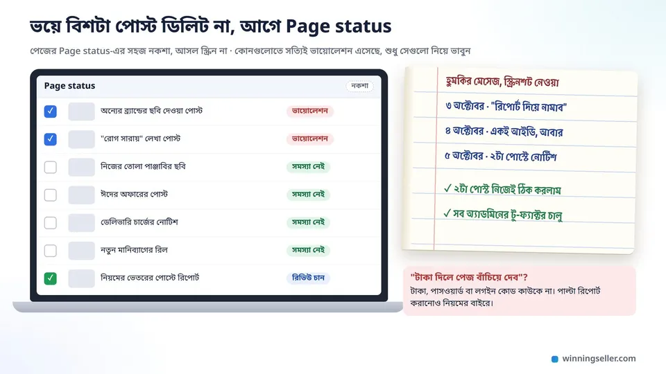 একটা ল্যাপটপে পেজের Page status-এর নকশা, ভায়োলেশন আসা দুটো পোস্টের পাশে টিক আর বাকিগুলোতে সমস্যা নেই লেখা, পাশে খোলা খাতায় হুমকির মেসেজের তারিখ লেখা