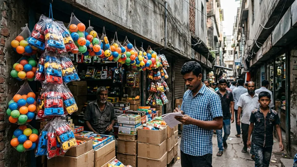 চকবাজারের একটা সরু গলিতে খেলনার দোকানের সামনে ডজনের প্যাকেটে সাজানো খেলনা গাড়ি আর বল, একজন তরুণ পুরুষ সেলার হাতে খাতা নিয়ে দাম লিখছেন