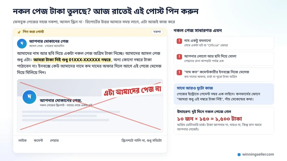 একটা ফেসবুক পেজে পিন করা পোস্টের নকশা, ওপরে পিনের চিহ্ন, লেখায় আসল পেজের নাম আর একটাই পেমেন্ট নম্বর, নিচে নকল পেজের স্ক্রিনশটে লাল দাগ দিয়ে লেখা এটা আমাদের পেজ না