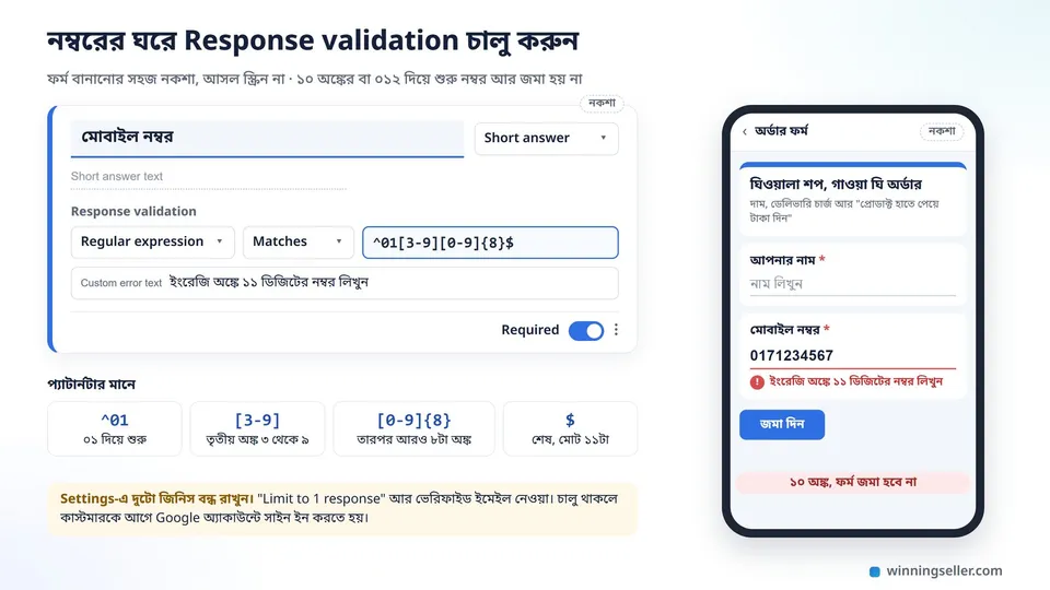 ফর্ম বানানোর সহজ নকশায় মোবাইল নম্বরের ঘরে Response validation, Regular expression আর প্যাটার্ন বসানো, পাশে ফোনে ১০ অঙ্কের নম্বর লেখায় লাল এরর দেখাচ্ছে