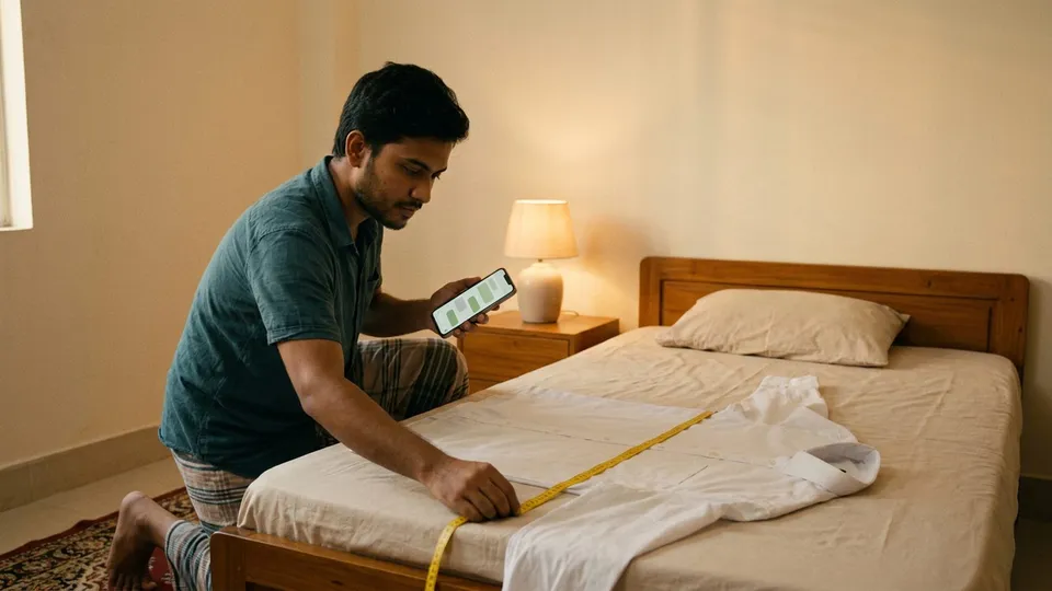 একজন যুবক নিজের বাসার বিছানায় একটা সাদা শার্ট বিছিয়ে ফিতা দিয়ে বগল বরাবর মাপছেন, বাঁ হাতে ধরা ফোনের পর্দায় একটা দোকানের সাথে চ্যাট খোলা