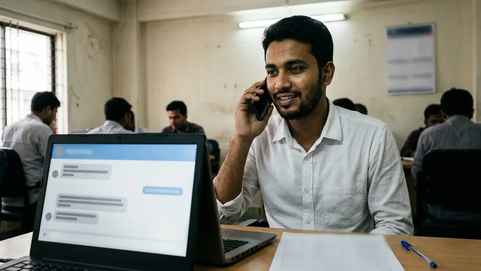 একজন তরুণ মডারেটর কানে মোবাইল ধরে কথা বলছেন, সামনে ল্যাপটপে একটা চ্যাট খোলা যেখানে কাস্টমারের নাম আর নম্বর দেখা যাচ্ছে, পাশে একটা কাগজে টিক দেওয়া লিস্ট
