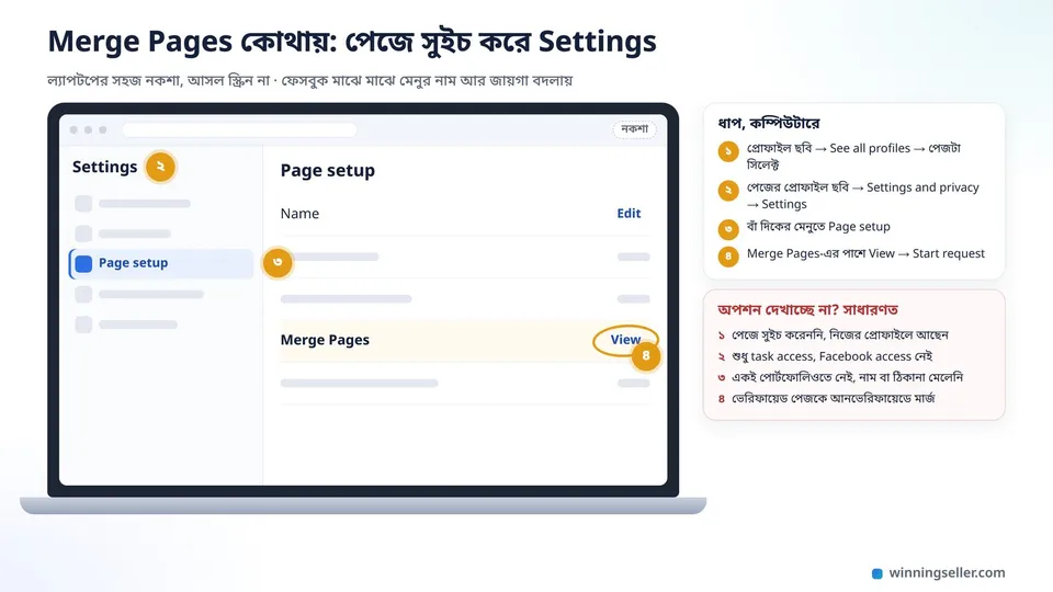একটা ল্যাপটপের স্ক্রিনের নকশা, ফেসবুক পেজের Settings খোলা, বাঁ দিকের মেনুতে Page setup দাগানো আর তার ভেতরে Merge Pages-এর পাশে View লেখাটা গোল করে চিহ্নিত