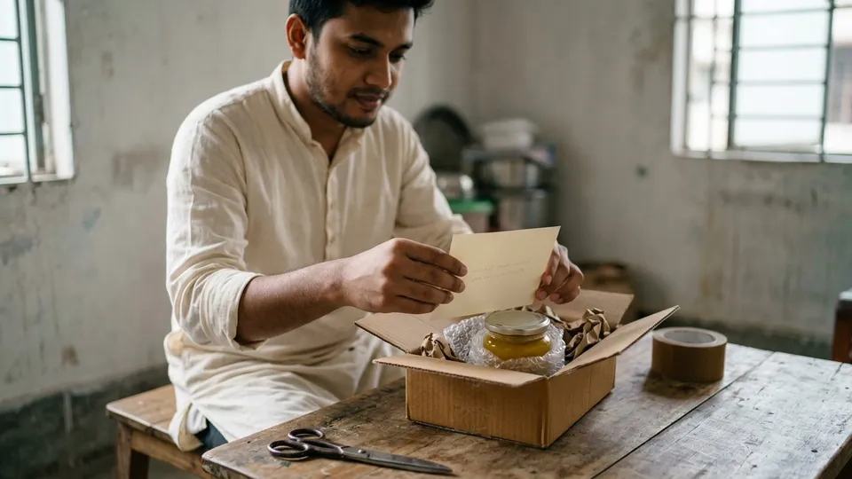 একজন যুবক ঘরের টেবিলে বসে ঘিয়ের বয়াম প্যাক করছেন, বাক্সের ভেতরে হাতে লেখা ছোট একটা ধন্যবাদ কার্ড রাখছেন