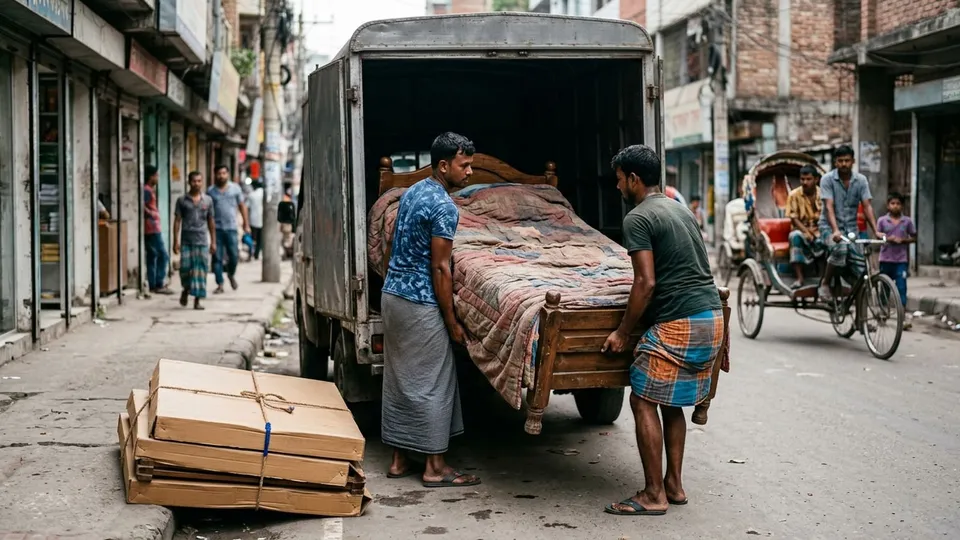 রাস্তার পাশে একটা কাভার্ড ভ্যানে দুজন পুরুষ শ্রমিক মিলে কম্বলে মোড়ানো একটা কাঠের খাটের ফ্রেম তুলছেন, পাশে কার্টনে প্যাক করা আরও কয়েকটা পিস রাখা