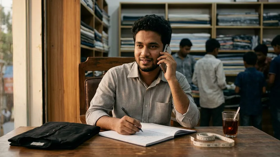 একজন যুবক সেলার টেবিলে বসে ফোনে কাস্টমারের সাথে কথা বলছেন, সামনে খোলা খাতায় নম্বর, সাইজ আর কলের নোট লেখা