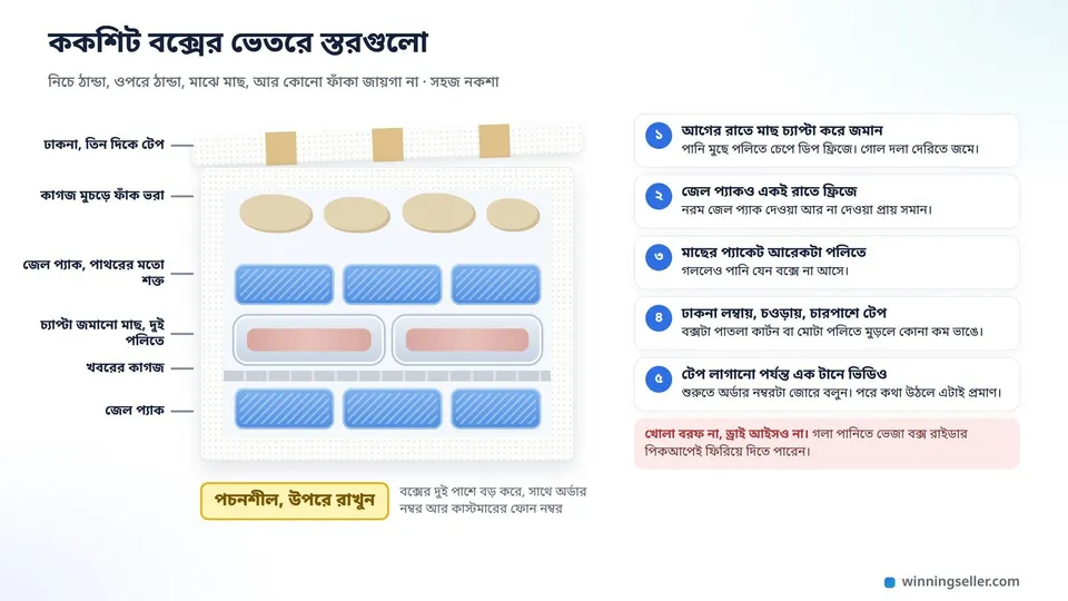 ককশিট বক্সের ভেতরের স্তরের নকশা, নিচে জমানো জেল প্যাক, তার ওপর খবরের কাগজ, দুই পলিতে মোড়া চ্যাপ্টা জমানো মাছ, ওপরে আবার জেল প্যাক, ঢাকনায় তিন দিকে টেপ আর বক্সের গায়ে পচনশীল, উপরে রাখুন লেখা