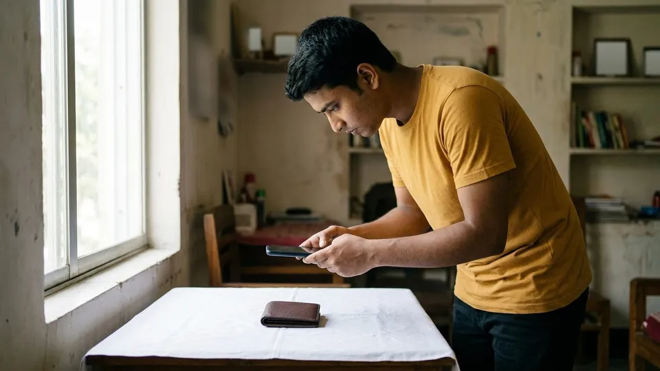 একজন যুবক জানালার পাশে সাদা কাপড়ের ওপর একটা চামড়ার মানিব্যাগ রেখে মোবাইলে ওপর থেকে ছবি তুলছেন
