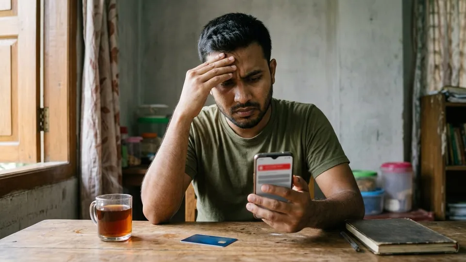 কাঠের টেবিলে একটা নীল ডলার কার্ড আর চায়ের কাপ, পাশে একজন যুবক কপালে হাত দিয়ে মোবাইলে লাল নোটিফিকেশন দেখছেন, চেহারায় চিন্তার ছাপ