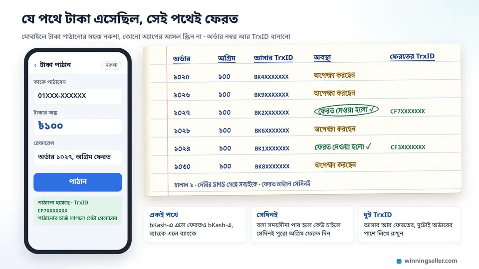মোবাইলে টাকা পাঠানোর একটা সহজ নকশায় অর্ডার ১০২৭-এর ১০০ টাকা অগ্রিম ফেরত যাচ্ছে, পাশে খাতায় প্রতিটা অর্ডারের আসার TrxID আর অবস্থা, ফেরত দেওয়া দুটো অর্ডারের পাশে ফেরতের TrxID লেখা