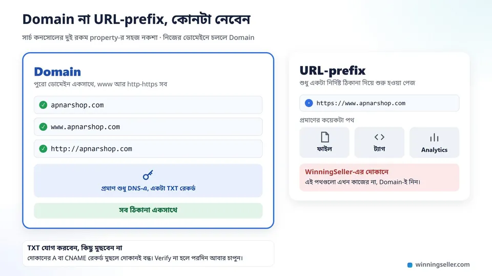 দুটো বাক্সের নকশা পাশাপাশি, বাঁয়ের বড় বাক্সে লেখা Domain, ভেতরে www, http আর https-এর তিনটা ছোট ঠিকানা আর নিচে DNS-এর চাবির চিহ্ন, ডানের ছোট বাক্সে লেখা URL-prefix, ভেতরে একটাই ঠিকানা আর নিচে ফাইল, ট্যাগ আর Analytics-এর তিনটা চিহ্ন