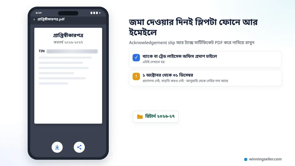 মোবাইলের একটা নকশা, স্ক্রিনে একটা প্রাপ্তিস্বীকারপত্রের PDF খোলা, ওপরে করবর্ষ ২০২৬-২০২৭ আর TIN-এর ঘর ঝাপসা করা, নিচে একটা ডাউনলোড আর একটা শেয়ার আইকন, পাশে একটা ফোল্ডারের নাম রিটার্ন ২০২৬-২৭