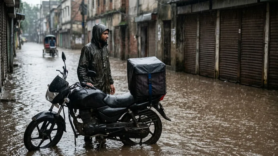 একজন পুরুষ কুরিয়ার রাইডার বৃষ্টির মধ্যে রেইনকোট পরে মোটরসাইকেলের পাশে দাঁড়িয়ে আছেন, পেছনে পানি জমা রাস্তা, বাইকের পেছনে ঢাকনা দেওয়া একটা পার্সেলের বাক্স বাঁধা