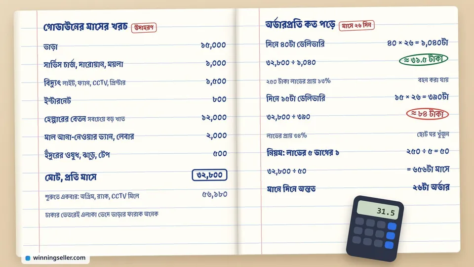 একটা খোলা খাতার দুই পাতা, বাঁ দিকে মাসের খরচের লিস্ট আর যোগফল ৩২,৮০০, ডান দিকে ১,০৪০টা অর্ডারে ৩১.৫ টাকা আর ৩৯০টা অর্ডারে ৮৪ টাকার ভাগ আর দিনে অন্তত ২৬টা অর্ডারের নিয়ম, কোণে একটা ক্যালকুলেটর