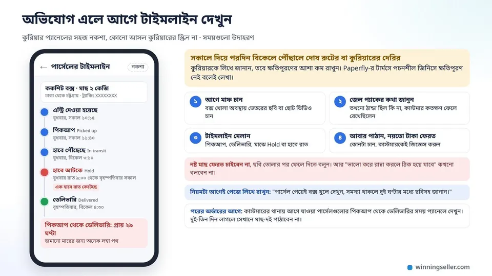কুরিয়ার প্যানেলের একটা সহজ নকশায় পার্সেলের টাইমলাইন, এন্ট্রি, পিকআপ, হাবে পৌঁছানো, লাল দাগে হাবে রাত কাটানো আর পরদিন ডেলিভারি, পাশে অভিযোগ এলে কী করবেন তার চারটা ধাপ