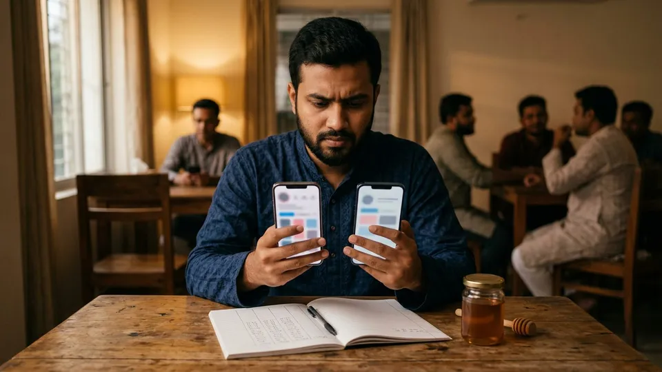 একজন তরুণ সেলার টেবিলে বসে দুই হাতে দুটো মোবাইল ধরে আছেন, একটায় অনেক ফলোয়ারের পুরনো পেজ, আরেকটায় কম ফলোয়ারের নতুন পেজ খোলা, পাশে খাতায় দুই পেজের ফলোয়ার আর রিভিউর সংখ্যা লেখা
