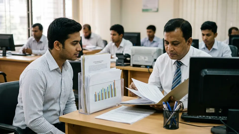 একজন তরুণ পুরুষ অনলাইন সেলার ব্যাংকের শাখায় SME ডেস্কে বসে আছেন, টেবিলে ফাইলে রাখা ট্রেড লাইসেন্স, ব্যাংক স্টেটমেন্ট আর মাসভিত্তিক বিক্রির হিসাবের কাগজ, সামনে একজন পুরুষ ব্যাংক কর্মকর্তা কাগজ দেখছেন