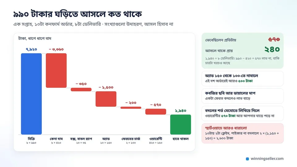 একটা ঘড়ির লাভের চার্ট, ৮টা বিক্রির ৭,৯২০ টাকা থেকে কেনা দাম, বক্স, অ্যাড, ফেরত আর ওয়ারেন্টির খরচ বাদ দিয়ে হাতে ১,৯৪০ টাকা, প্রতি ঘড়িতে প্রায় ২৪০