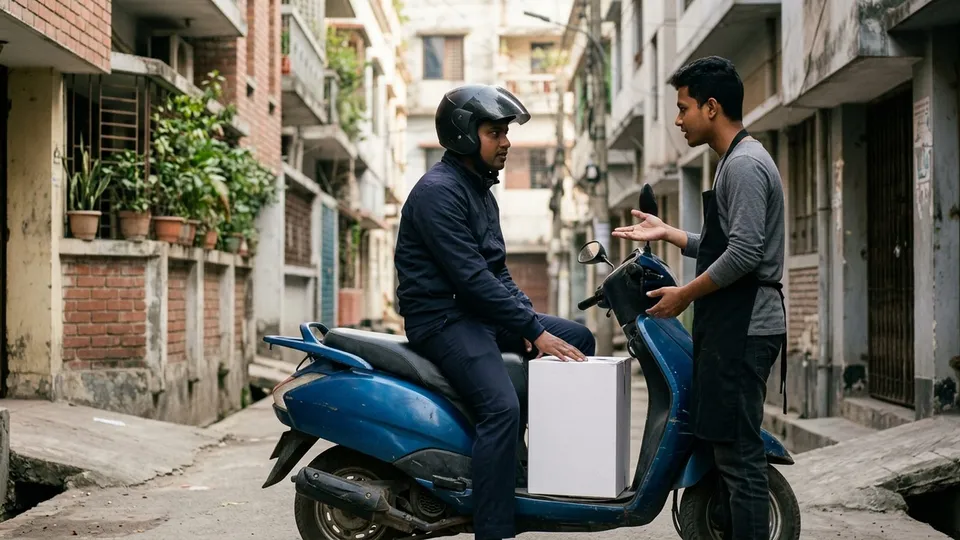 একজন রাইডার মোটরসাইকেলে বসে একটা কেকের বক্স সামনে পায়ের কাছের সমান জায়গায় সোজা করে রেখে এক হাতে ধরে আছেন, পাশে দাঁড়িয়ে দোকানের একজন যুবক কিছু বুঝিয়ে বলছেন
