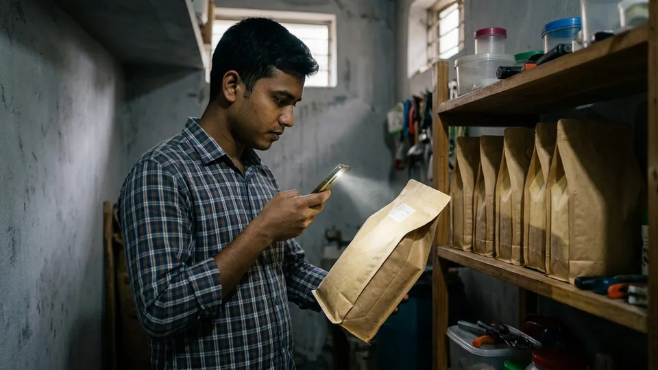 একজন তরুণ সেলার স্টোররুমে দাঁড়িয়ে ফোনের ফ্ল্যাশলাইট জ্বেলে ক্যাট ফুডের একটা প্যাকেটের গায়ে মেয়াদ আর ব্যাচ নম্বর দেখছেন, পাশের তাকে সিল করা আরও কয়েকটা প্যাকেট সাজানো