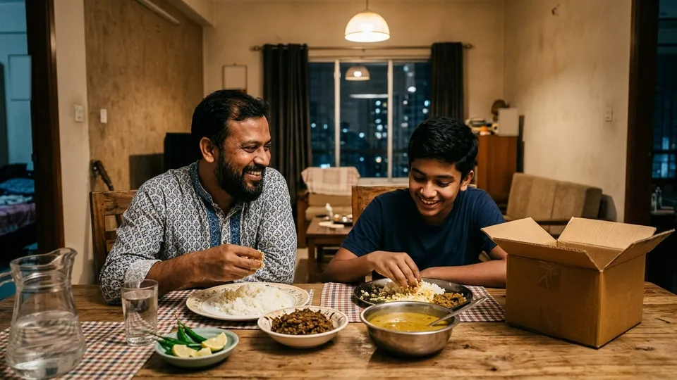 শহরের একটা বাসার খাবার টেবিলে এক বাবা আর তাঁর কিশোর ছেলে ভাতের সাথে লইট্যা শুটকির ভর্তা খাচ্ছেন, টেবিলের কোণে খোলা একটা কুরিয়ারের বাক্স