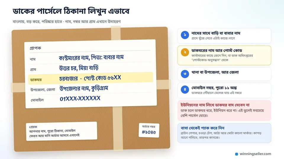 ব্রাউন পেপারে মোড়া একটা পার্সেলের নকশা, ওপরে বাংলায় বড় করে প্রাপকের নাম, গ্রাম, ডাকঘর, পোস্ট কোড, উপজেলা, জেলা আর মোবাইল নম্বর লেখা, নিচের কোণে ছোট করে প্রেরকের ঠিকানা, আর এক পাশে একটা অর্ডার নম্বর