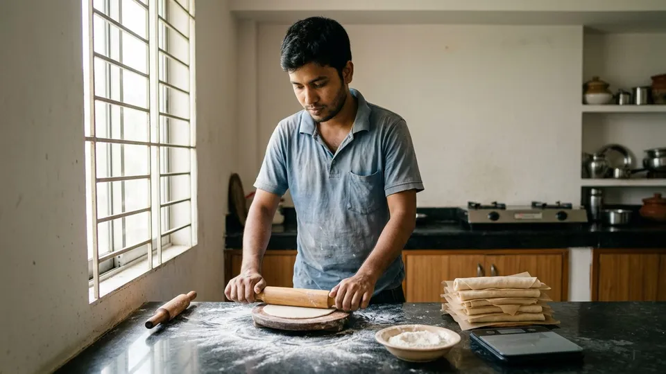 বাসার রান্নাঘরের কাউন্টারে একজন যুবক বেলুন দিয়ে পরোটা বেলছেন, পাশে বাটার পেপারের স্তূপের ওপর একটার ওপর আরেকটা রাখা বেলা পরোটা, ময়দার বাটি আর একটা ডিজিটাল ওজন যন্ত্র
