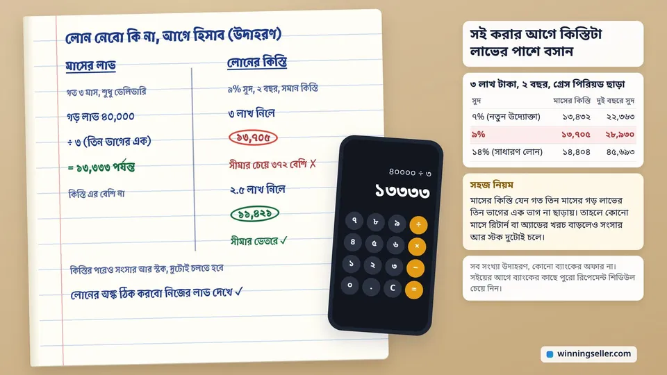 খাতার পাতায় এক কলামে মাসের গড় লাভ ৪০,০০০ টাকা আর তার তিন ভাগের এক ভাগ ১৩,৩৩৩, আরেক কলামে ৯% সুদে ৩ লাখ টাকার কিস্তি ১৩,৭০৫ লাল দাগে গোল করা আর আড়াই লাখের কিস্তি ১১,৪২১ সবুজ দাগে, পাশে মোবাইলের ক্যালকুলেটরে ৪০০০০ ভাগ ৩