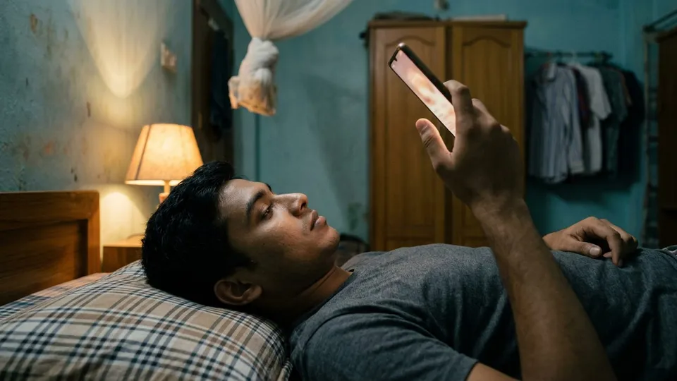 রাতে বিছানায় শুয়ে এক তরুণ মোবাইল চালাচ্ছেন, তাঁর বুড়ো আঙুল স্ক্রিনের নিচের দিকে চাপ দেওয়ার ঠিক আগে