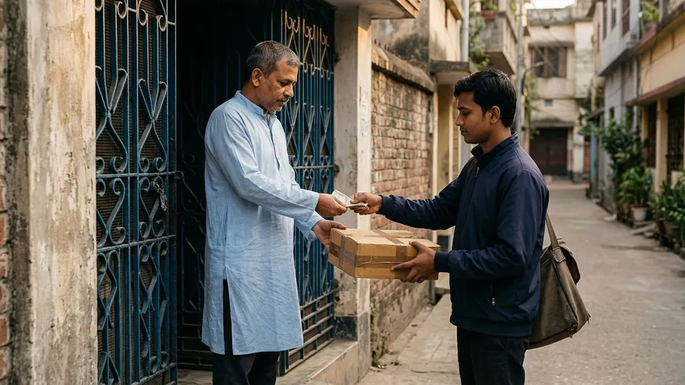একজন তরুণ ডেলিভারিম্যান একটা বাড়ির দরজায় দাঁড়িয়ে একজন মাঝবয়সী পুরুষ কাস্টমারের হাতে পার্সেল দিচ্ছেন, আর কাস্টমার তাঁকে নগদ টাকা দিচ্ছেন