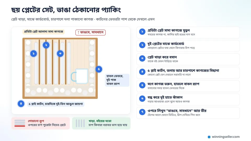 ছয় প্লেটের সেট প্যাকিংয়ের নকশা, ৫ প্লাইয়ের কার্টনে সাদা কাগজে মোড়া প্লেট খাড়া করে বসানো, মাঝে কার্ডবোর্ড, তলায় আর চারপাশে দলা পাকানো কাগজ, হাতল ভেতরের দিকে রাখা মগ, পাশে প্যাকিংয়ের সাতটা ধাপের লিস্ট