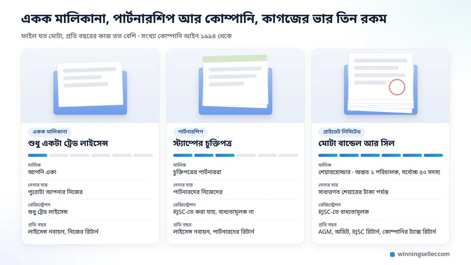 তিনটা ফাইল পাশাপাশি, প্রথমটায় শুধু একটা ট্রেড লাইসেন্স, দ্বিতীয়টায় স্ট্যাম্পের চুক্তিপত্র, তৃতীয়টায় মোটা কাগজের বান্ডেল আর সিল, প্রতিটার নিচে মালিক, দেনার দায়, রেজিস্ট্রেশন আর প্রতি বছরের কাজ