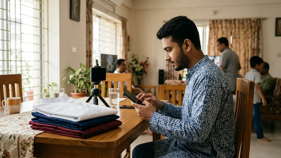 একজন তরুণ পুরুষ সেলার টেবিলে বসে মোবাইলে সেলার সেন্টার অ্যাপে প্রোডাক্ট লিস্ট করছেন, পাশে ভাঁজ করা কয়েকটা পাঞ্জাবি আর একটা ছোট ট্রাইপডে রাখা আরেকটা ফোন