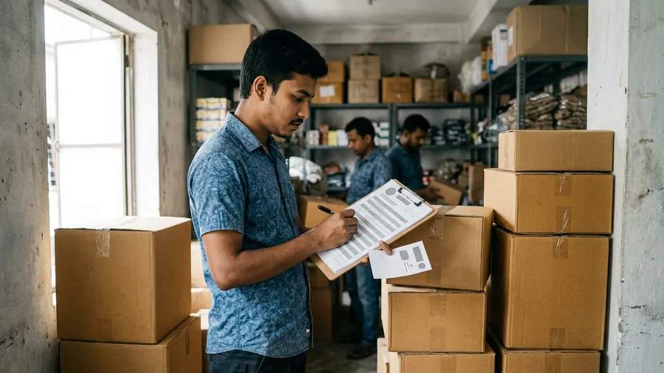 একজন যুবক গুদামে সদ্য আসা কয়েকটা কার্টনের পাশে দাঁড়িয়ে একটা ছাপানো স্টকের লিস্টে কলম দিয়ে প্রতিটা প্রোডাক্টের পাশে কেনা দাম লিখছেন, হাতে পাইকারের মেমো