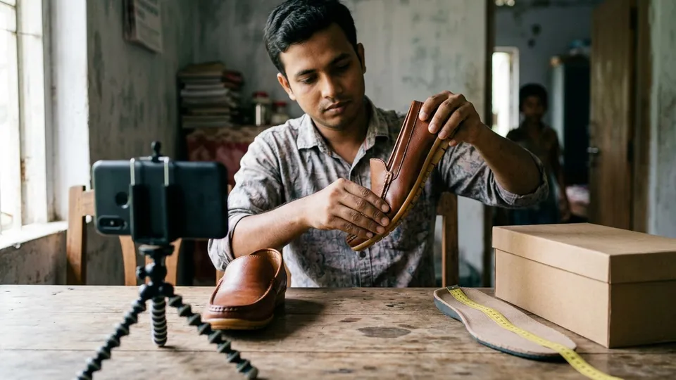 একজন তরুণ সেলার টেবিলের ওপর একজোড়া বাদামি চামড়ার লোফারের তলা হাতে বাঁকিয়ে মোবাইলে ভিডিও করছেন, পাশে ইনসোলের ওপর রাখা মাপের ফিতা