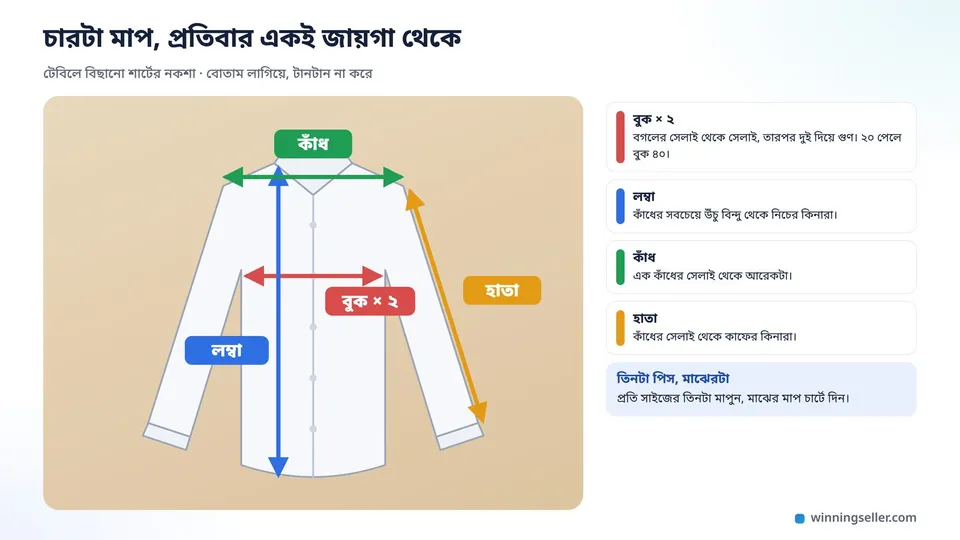 একটা বিছানো শার্টের নকশা, চারটা রঙিন তীর দিয়ে চারটা মাপ দেখানো, লাল তীর বগল থেকে বগল লেখা "বুক × ২", নীল তীর কাঁধের উঁচু বিন্দু থেকে নিচ পর্যন্ত লেখা "লম্বা", সবুজ তীর কাঁধের সেলাই থেকে সেলাই লেখা "কাঁধ", কমলা তীর কাঁধ থেকে কাফ পর্যন্ত লেখা "হাতা"