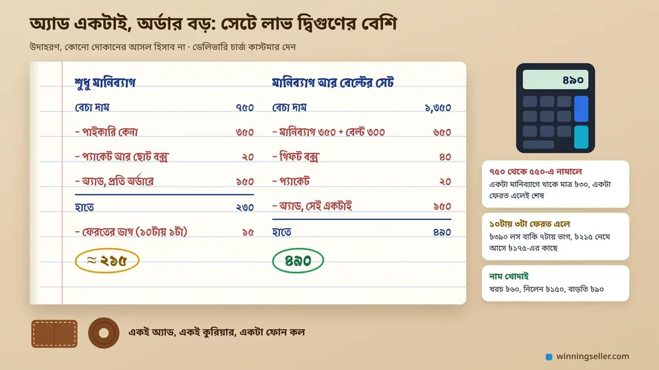 খাতায় হাতে লেখা দুই কলামের হিসাব, একা মানিব্যাগে প্রায় ২১৫ টাকা আর মানিব্যাগ-বেল্টের সেটে ৪৯০ টাকা, পাশে ক্যালকুলেটর, একটা মানিব্যাগ আর গুটানো বেল্ট
