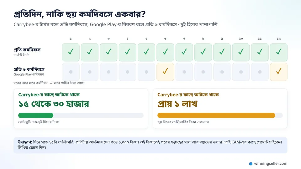 দুই সারির ছক, এক সারিতে বারোটা কর্মদিবসের প্রতিদিন টাকা আসার টিক, আরেক সারিতে ছয় কর্মদিবস পর পর একটা করে টিক, নিচে Carrybee-র কাছে আটকে থাকা টাকা ১৫ থেকে ৩০ হাজার বনাম প্রায় ১ লাখ