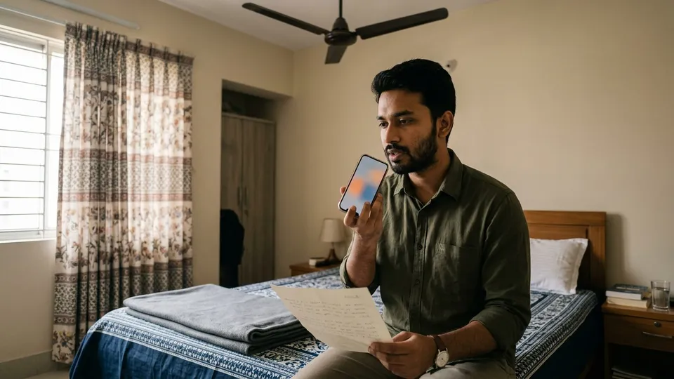 একটা শান্ত শোবার ঘরে খাটে বসে একজন তরুণ পুরুষ সেলার মুখ থেকে এক বিঘত দূরে মোবাইল ধরে রেকর্ড করছেন, হাতে একটা কাগজে লেখা স্ক্রিপ্ট, মাথার ওপরের ফ্যান বন্ধ