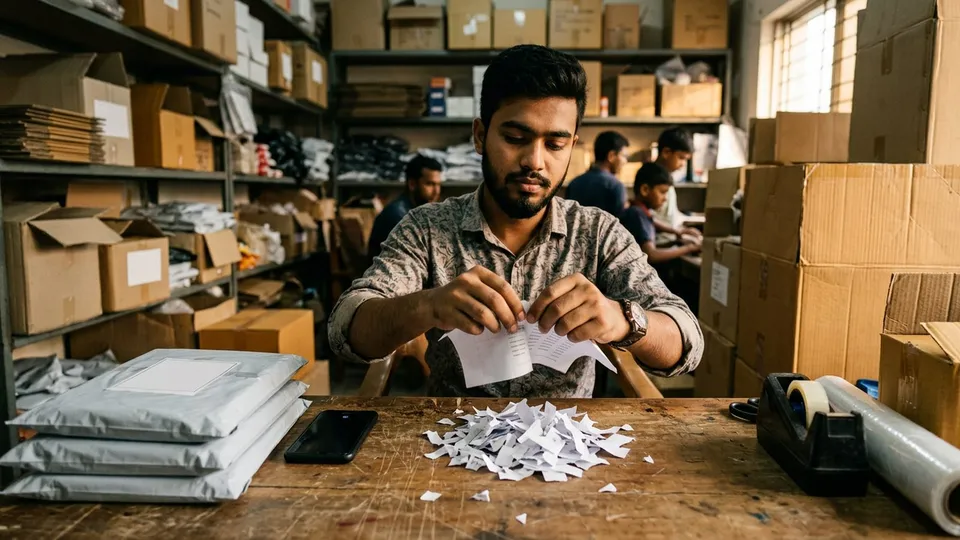 দোকানের প্যাকিং টেবিলে বসে এক তরুণ সেলার কাজ শেষে পার্সেলের প্রিন্ট করা লিস্ট ছিঁড়ে টুকরো করছেন, পাশে ছাপানো লেবেল লাগানো কয়েকটা পার্সেল আর একটা স্ক্রিন লক করা ফোন