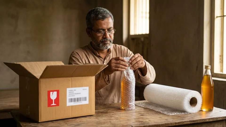 একজন মাঝবয়সী লোক টেবিলে বসে কাচের মধুর বোতল বাবল র্যাপে মুড়ে একটা শক্ত কাগজের বাক্সে ভরছেন, বাক্সের গায়ে লাল Fragile স্টিকার আর প্রিন্ট করা ট্র্যাকিং লেবেল লাগানো