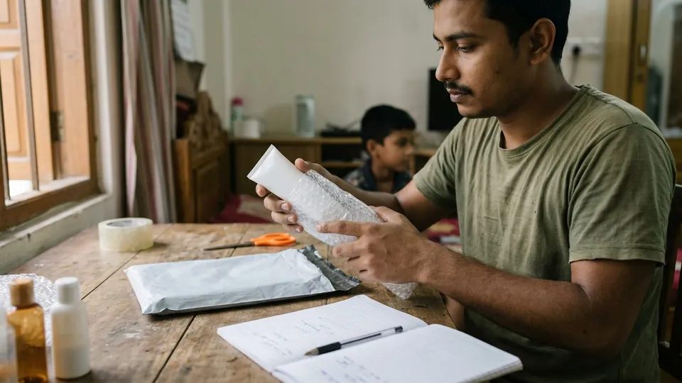 একজন যুবক সেলার টেবিলে বসে একটা ফেস ওয়াশের বোতল বাবল র্যাপে মুড়িয়ে কুরিয়ারের পলিতে ভরছেন, পাশে খোলা খাতায় ব্যাচ নম্বর আর মেয়াদ লেখা