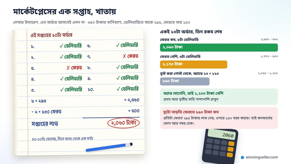 একটা খোলা খাতায় এক সপ্তাহের মার্কেটপ্লেস অর্ডারের হিসাব হাতে লেখা, দশটা অর্ডারের পাশে ডেলিভারি আর ফেরতের টিক, নিচে মোট লাভ গোল দাগ দিয়ে চিহ্ন দেওয়া, পাশে একটা ক্যালকুলেটর আর কলম