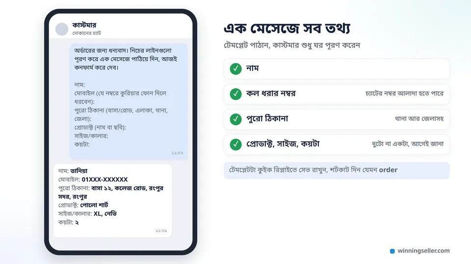 ফোনের চ্যাটে সেলারের পাঠানো অর্ডার টেমপ্লেট, তার নিচে কাস্টমারের উত্তর, প্রতিটা লাইনে নাম, নম্বর, ঠিকানা আর সাইজ পূরণ করা