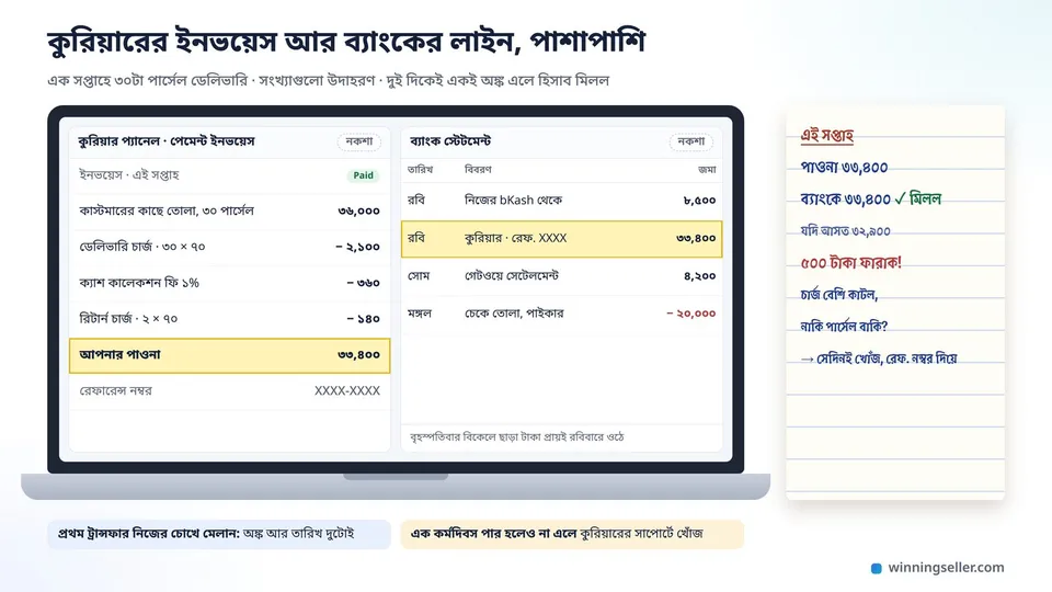 ল্যাপটপের স্ক্রিনে বাঁ দিকে কুরিয়ার প্যানেলের পেমেন্ট ইনভয়েসের নকশা, ডান দিকে ব্যাংক স্টেটমেন্টের নকশা, দুই দিকে একই অঙ্ক ৩৩,৪০০ টাকা হলুদ রঙে দাগানো, পাশে নোটপ্যাডে হাতে লেখা মিলল আর ফারাকের হিসাব