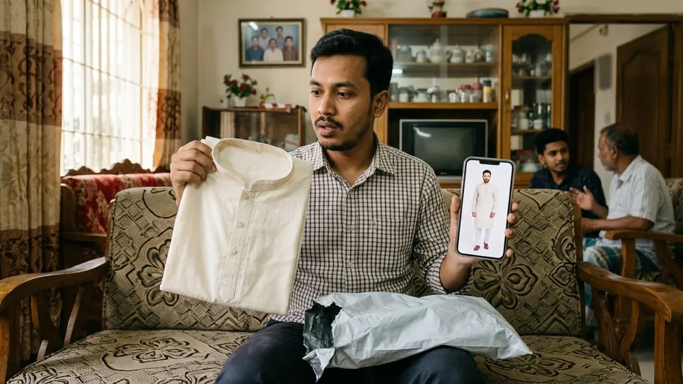 পার্সেল খুলে শুধু একটা পাঞ্জাবি হাতে নিয়ে এক তরুণ ফোনে পেজের ছবির সাথে মেলাচ্ছেন, ফোনের ছবিতে মডেলের গায়ে পাঞ্জাবি আর পায়জামা দুটোই