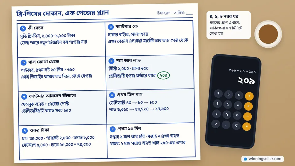 টেবিলে রাখা একটা A4 কাগজ আটটা ঘরে ভাগ করা, প্রতিটা ঘরে থ্রি-পিসের দোকানের প্ল্যানের দুই লাইন হাতে লেখা, দাম আর লাভের ঘরে ১,০৯০ আর ২০৯ লেখা, পাশে মোবাইলের ক্যালকুলেটরে ২০৯ আর এক কাপ চা